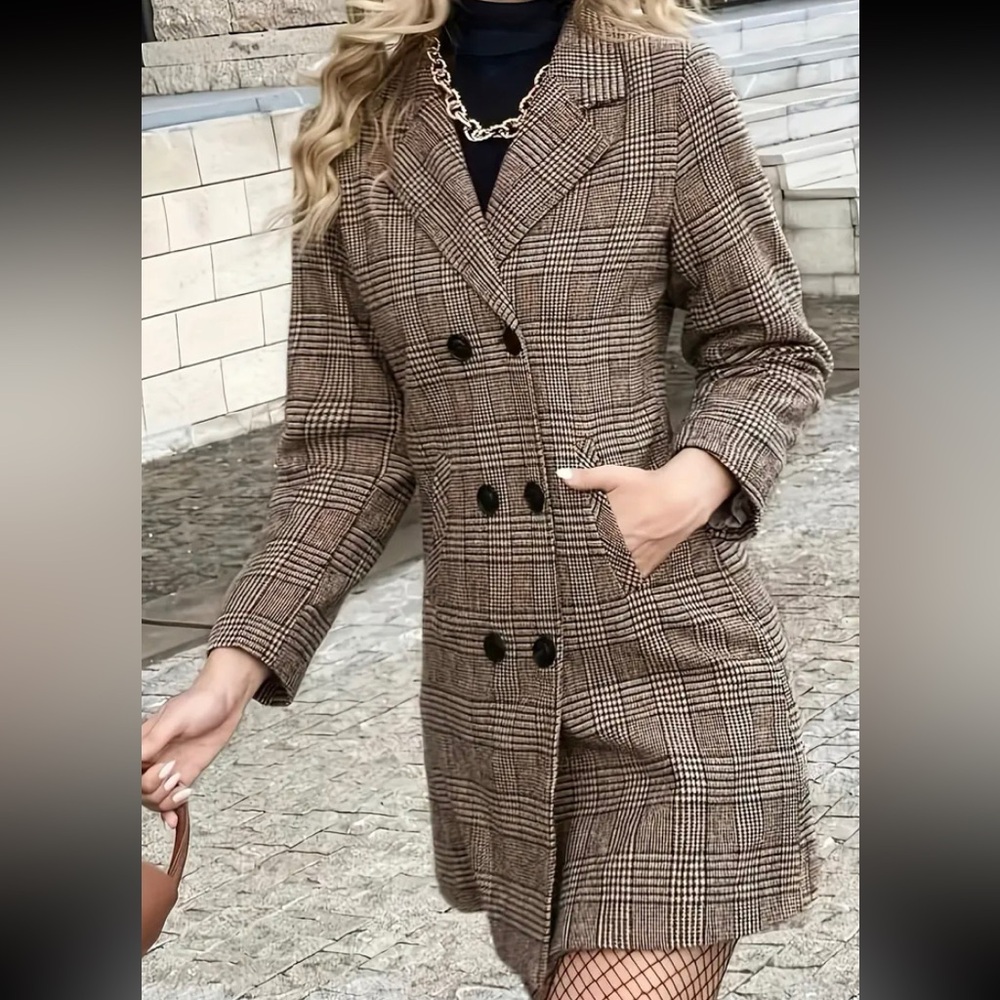 Cozy Plaid Button Up Pea Coat Jacket - Picture 3 of 5